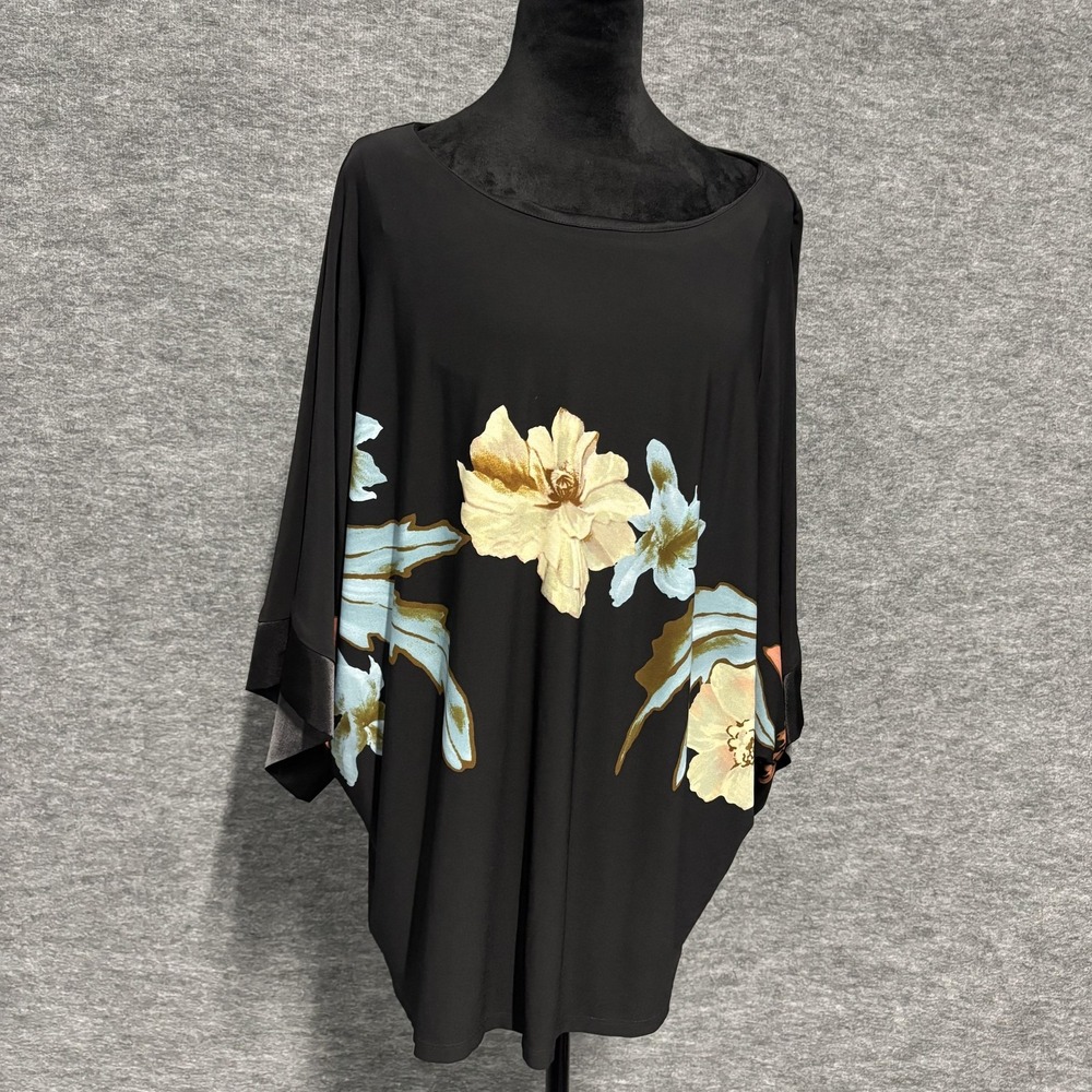 Frank Lyman Blouse Womens 14 Black Floral Kimono Sleeve Scoop Neck Tunic Top - Picture 1 of 13